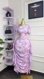 Bubble sleeve slanted collar printed ruffle edge tight dress