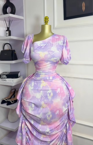 Bubble sleeve slanted collar printed ruffle edge tight dress