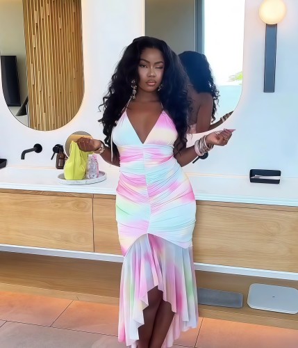 Backless pleated irregular wave dress