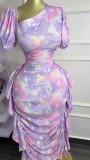 Bubble sleeve slanted collar printed ruffle edge tight dress
