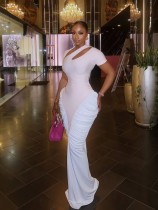 Short sleeved slanted neck hollow pleated long dress