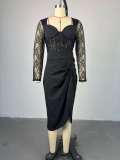 Square collar lace long sleeved high waisted mid length dress