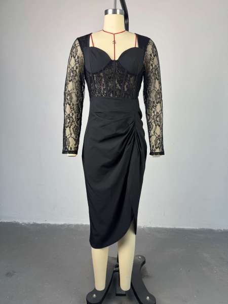 Square collar lace long sleeved high waisted mid length dress