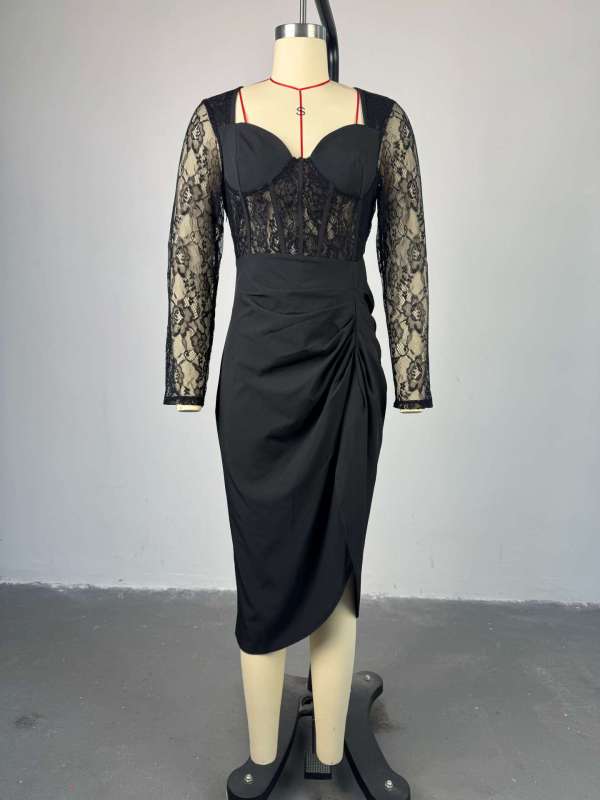 Square collar lace long sleeved high waisted mid length dress