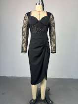 Square collar lace long sleeved high waisted mid length dress Square collar lace long sleeved high waisted mid length dress