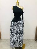 Sleeveless diagonal collar printed pleated long dress