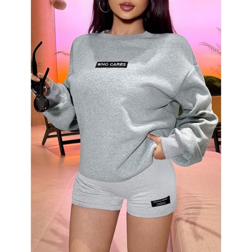 Long sleeved round neck loose top tight shorts two-piece set