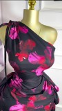Sleeveless single shoulder diagonal collar printed lace up ruffle edge tight dress