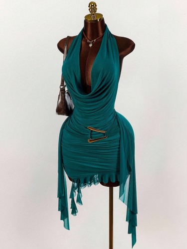 Hanging neck backless short skirt irregular dress