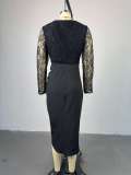 Square collar lace long sleeved high waisted mid length dress