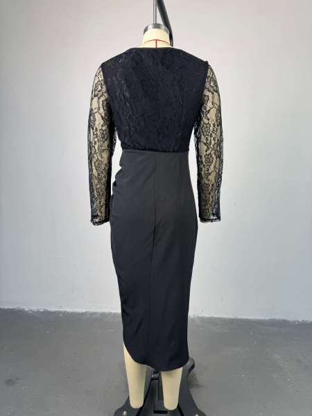 Square collar lace long sleeved high waisted mid length dress
