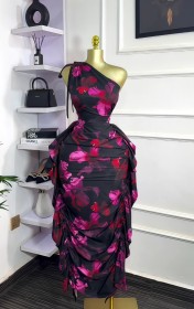 Sleeveless single shoulder diagonal collar printed lace up ruffle edge tight dress