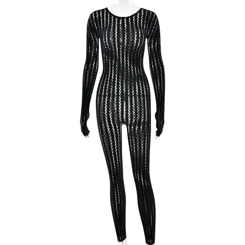 Sexy lingerie seamless striped jacquard jumpsuit long sleeved jumpsuit