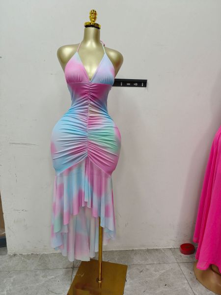Backless pleated irregular wave dress