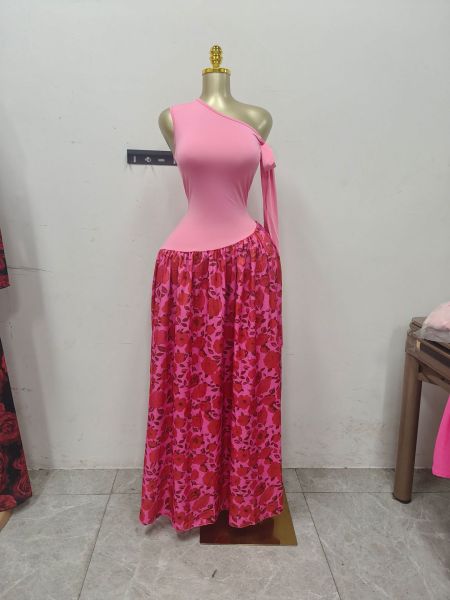 Sleeveless diagonal collar printed pleated long dress