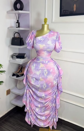 Bubble sleeve slanted collar printed ruffle edge tight dress