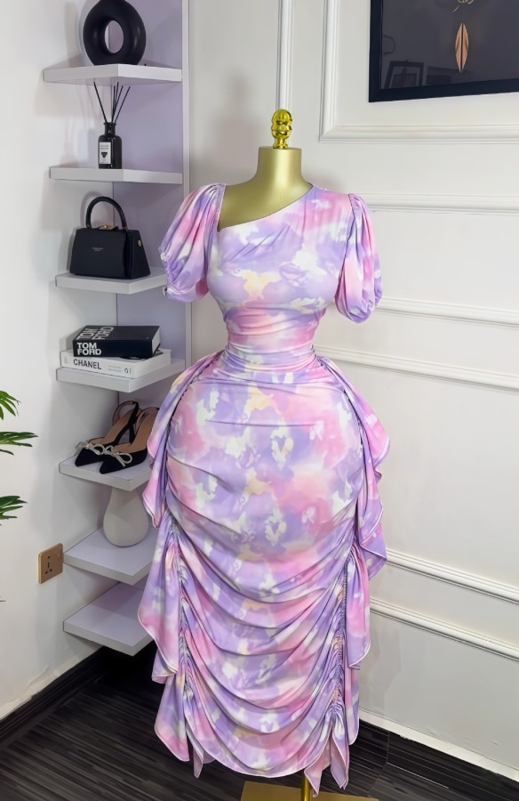 Bubble sleeve slanted collar printed ruffle edge tight dress