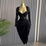 Square collar lace long sleeved high waisted mid length dress