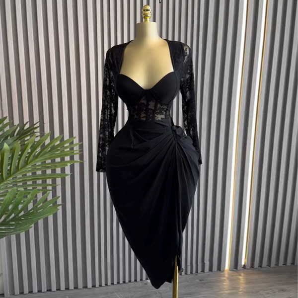 Square collar lace long sleeved high waisted mid length dress