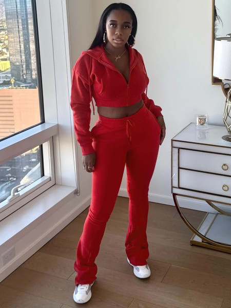 Hooded zipper long sleeved hoodie and pants set