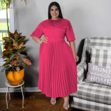 Folded round neck long dress with short sleeves