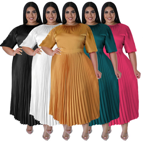 Folded round neck long dress with short sleeves
