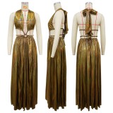 Deep V backless dress, gold hot long dress