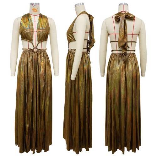 Deep V backless dress, gold hot long dress