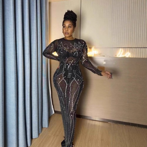 Perspective tight long sleeved round neck rhinestone mesh dress