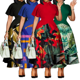 Flip collar ruffle sleeve skirt, large swing skirt, plus size dress