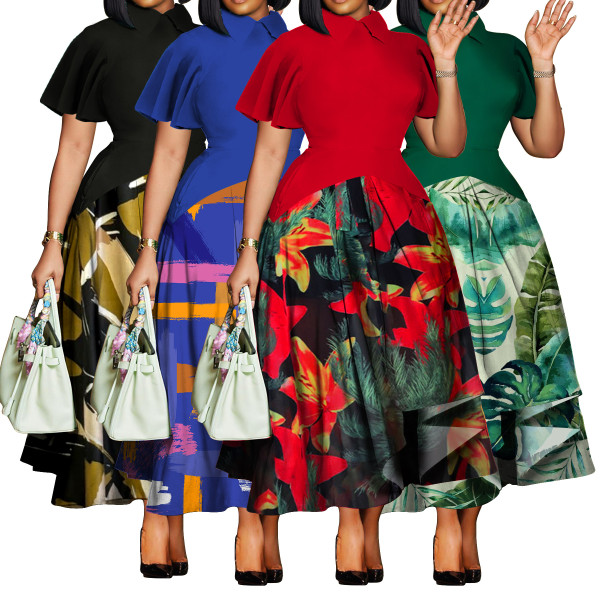 Flip collar ruffle sleeve skirt, large swing skirt, plus size dress