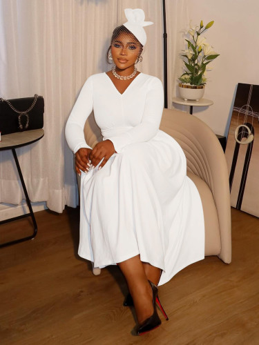 V-neck waist cinched pleated long plus size dress