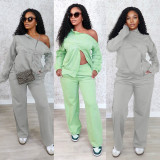 Shoulder zipper long sleeved top, wide leg pants two-piece set