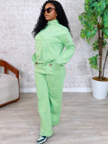 Shoulder zipper long sleeved top, wide leg pants two-piece set