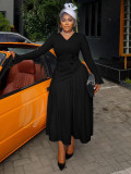 V-neck waist cinched pleated long plus size dress