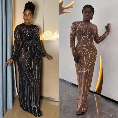 Perspective tight long sleeved round neck rhinestone mesh dress