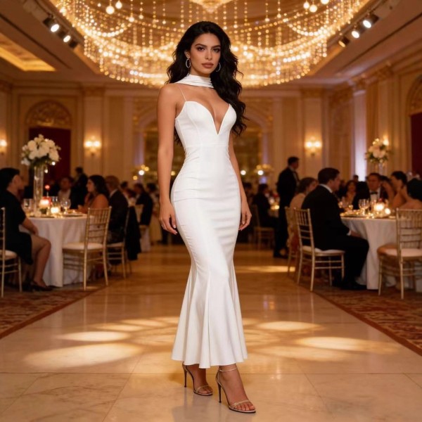 Deep V fish tail dress with backless straps and hip hugging long skirt