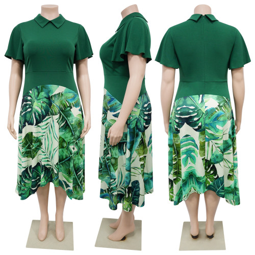 Flip collar ruffle sleeve skirt, large swing skirt, plus size dress