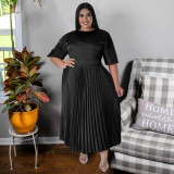 Folded round neck long dress with short sleeves