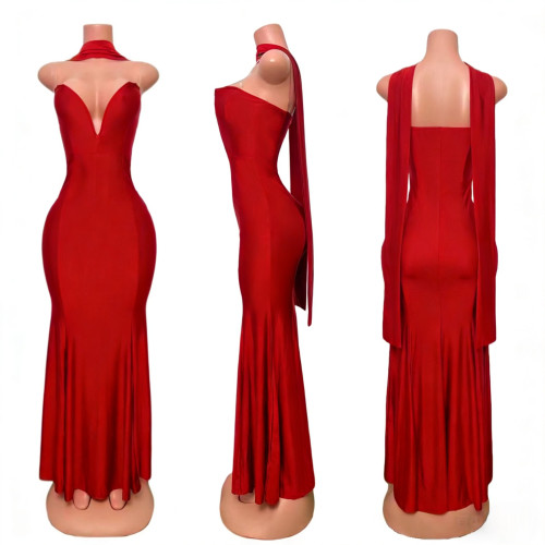 Deep V fish tail dress with backless straps and hip hugging long skirt