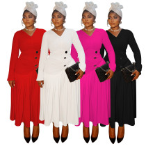 V-neck waist cinched pleated long plus size dress