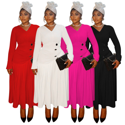 V-neck waist cinched pleated long plus size dress