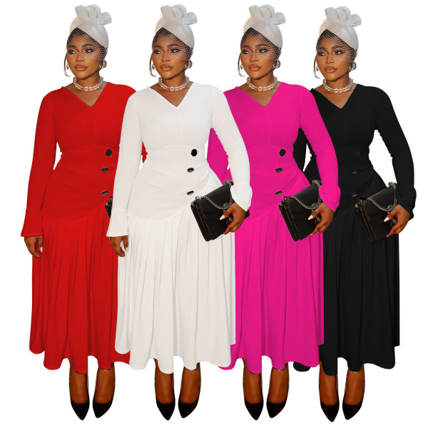 V-neck waist cinched pleated long plus size dress
