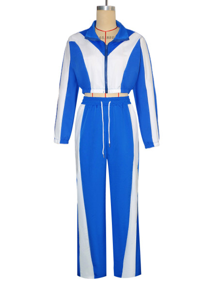 Color blocked zipper cardigan wide leg drawstring sports pants two-piece set
