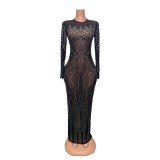 Perspective tight long sleeved round neck rhinestone mesh dress