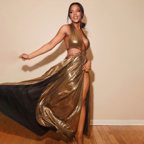 Deep V backless dress, gold hot long dress