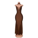 Deep V fish tail dress with backless straps and hip hugging long skirt