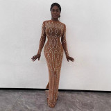 Perspective tight long sleeved round neck rhinestone mesh dress