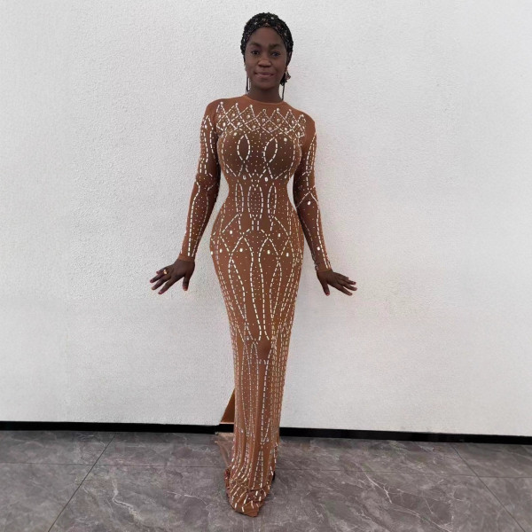 Perspective tight long sleeved round neck rhinestone mesh dress