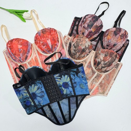 Strap vest, mesh, yarn dyed, contrasting fishbone corset